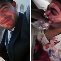 Left) Hamam al-Hammami, the copilot who tried to bring down a flydubai flight to Israel, seen in an undated image from his recently deleted LinkedIn profile; (right) al-Hammami seen after he was subdued and bound on the plane. (Channel 12 screenshot via Times of Israel)