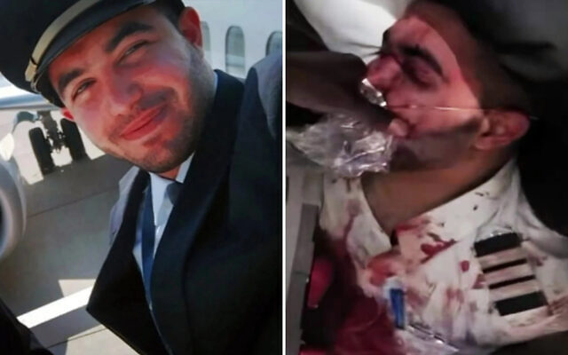 Left) Hamam al-Hammami, the copilot who tried to bring down a flydubai flight to Israel, seen in an undated image from his recently deleted LinkedIn profile; (right) al-Hammami seen after he was subdued and bound on the plane. (Channel 12 screenshot via Times of Israel)