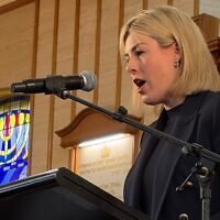 Victorian Opposition leader Jess Wilson, speaking at the launch of "Bondi Terror" at Caulfield Shule. Photo: Bruce Hill