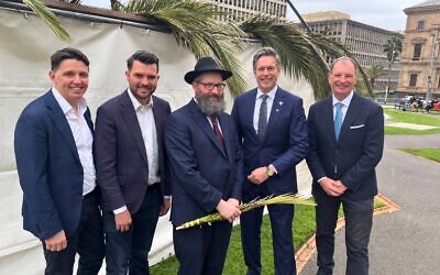 L to R:, Ryan Bachelor MP, Evan Mullholland MP, Rabbi Chaim Herzog, Melbourne's Lord Mayor Nicholas Reece and Caulfield MP David Southwick. Photo: Bruce Hill