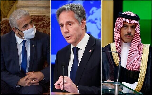 وزير الخارجية يائير لبيد؛ وزير الخارجية الأمريكي أنتوني بلينكن؛ وزير الخارجية السعودي الأمير فيصل بن فرحان.  (AP/Collage)