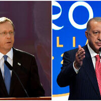 الرئيس الإسرائيلي يتسحاق هرتسوغ (يسار) والرئيس التركي رجب طيب أردوغان (يمين).  (AP)
