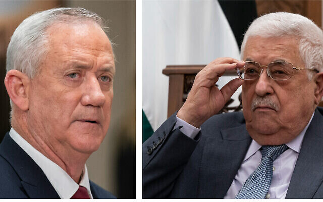 على اليسار: وزير الدفاع بيني غانتس (AP Photo / Manuel Balce Ceneta، File) إلى اليمين: الرئيس الفلسطيني محمود عباس (AP Photo / Alex Brandon، Pool، File)