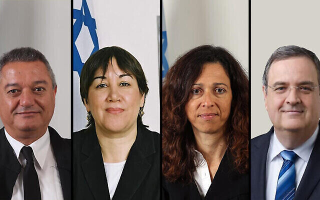 قضاة المحكمة العليا، من اليسار إلى اليمين: خالد كابوب، وغيلا كانفي-شتاينتس، وروت رونين، ويحيئل كاشير. (JUDICIAL AUTHORITY, TOMER JACOBSON)