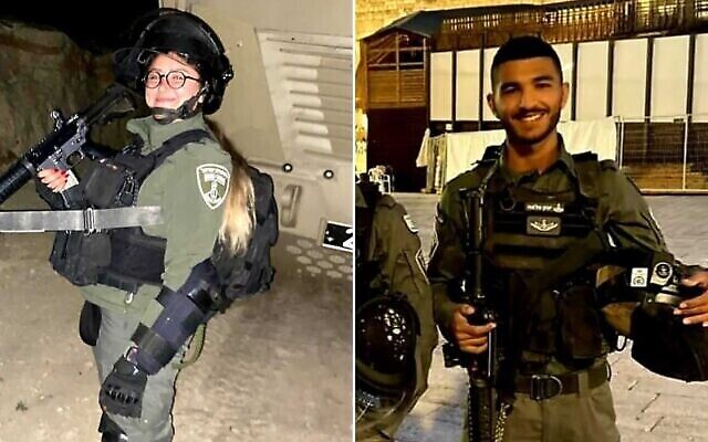 شرطيا حرس الحدود يزن فلاح (في الصورة من اليمين) وشيريل أبوكرت، كلاهما 19 عاما، اللذان قُتلا في اعتداء وقع في مدينة الخضيرة في 27 مارس،  2022.  (الشرطة الإسرائيلية)