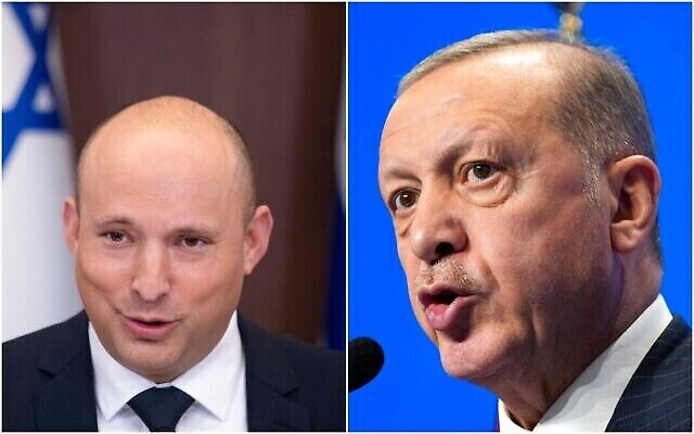 رئيس الوزراء نفتالي بينيت (إلى اليسار) والرئيس التركي رجب طيب أردوغان. (صورة مركبة / AP)
