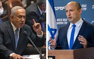 رئيس الوزراء السابق بنيامين نتنياهو (إلى اليسار) ورئيس الوزراء الحالي نفتالي بينيت. (Menahem Kahana/AFP; Yonatan Sindel/Flash90)