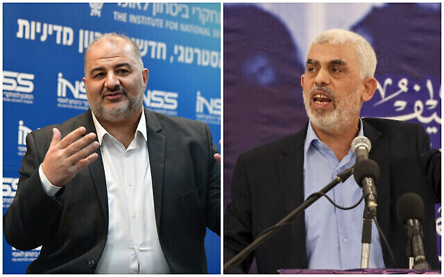 زعيم حزب "القائمة العربية الموحدة"، عضو الكنيست منصور عباس (في الصورة من اليسار) يشارك في مؤتمر في تل أبيب في 11 أبريل، 2022؛ يحيى السنوار، قائد حركة حماس في غزة (في الصورة من اليمين) يتحدث خلال اجتماع في مدينة غزة، 30 أبريل، 2022. (Avshalom Sassoni/Flash90; Mahmud Hamas/AFP)