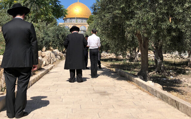 مجموعة من اليهود المتشددين يصلون بالقرب من قبة الصخرة في الحرم القدسي، 18 يونيو 2018 (Amanda Borschel-Dan/Times of Israel)