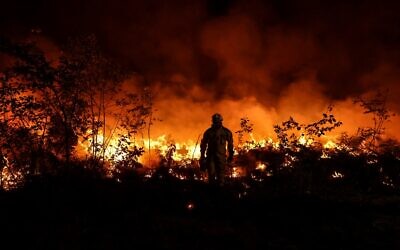رجل إطفاء تكتيكي يشعل النيران لإحراق قطعة أرض بينما يحاول رجال الإطفاء منع انتشار الحريق بسبب تغير الرياح، أثناء محاربة حريق غابة بالقرب من لوشات في جيروند، جنوب غرب فرنسا، 17 يوليو 2022 (THIBAUD MORITZ / AFP)