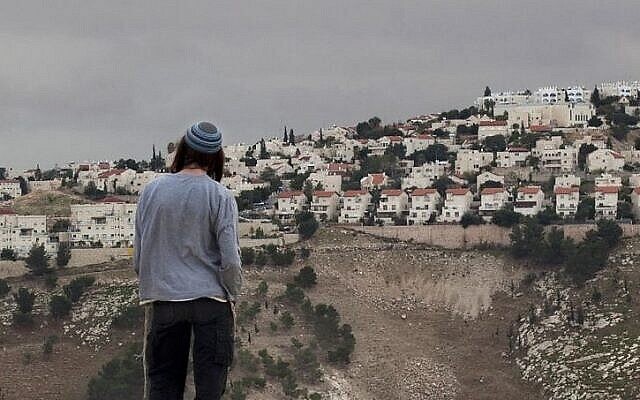 مستوطن يهودي ينظر إلى مستوطنة معاليه أدوميم في الضفة الغربية، من منطقة E-1 في الضواحي الشرقية للقدس، 5 ديسمبر، 2012. (AP Photo / Sebastian Schooner / File)