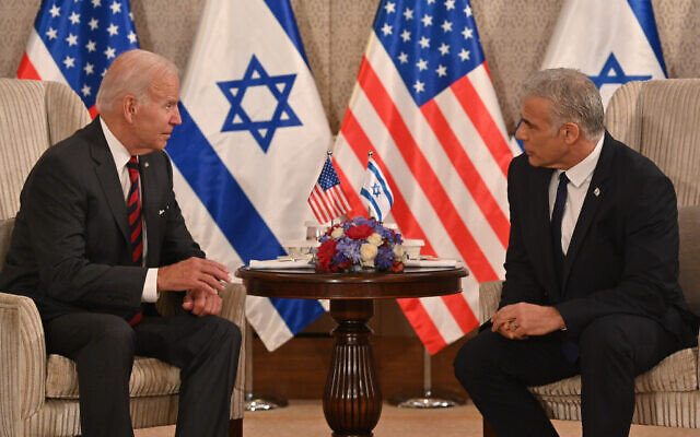 الرئيس الأمريكي جو بايدن ورئيس الوزراء يائير لبيد يلتقيان في القدس، 14 يوليو 2022 (Kobi Gideon / GPO)
