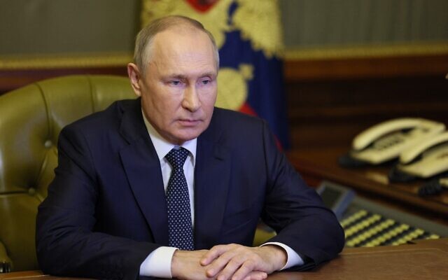الرئيس الروسي فلاديمير بوتين يترأس اجتماع مجلس الأمن عبر الفيديو في سانت بطرسبرغ، 10 أكتوبر 2022 (Gavriil GRIGOROV / SPUTNIK / AFP)