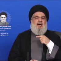 زعيم حزب الله حسن نصر الله في خطاب تلفزيوني مباشر، 1 أكتوبر 2022 (Twitter video screenshot)