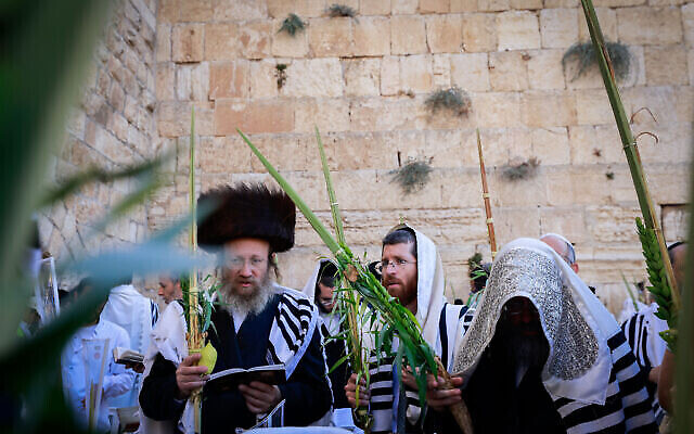 المصلون اليهود يغطون أنفسهم بشالات الصلاة أثناء صلاتهم عند الحائط الغربي في البلدة القديمة بالقدس، خلال بركة الكهنة في عيد العرش اليهودي  12 أكتوبر، 2022. (Olivier Fitoussi / Flash90)