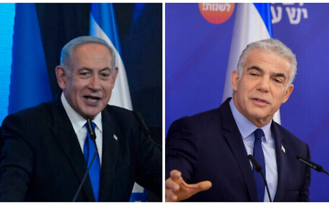زعيم الليكود بنيامين نتنياهو في 2 نوفمبر 2022 (يسار)، ورئيس الوزراء يائير لبيد في تل أبيب في 18 أكتوبر 2022 (AP Photo / Tsafrir Abayov؛ Avshalom Sassoni / Flash90)