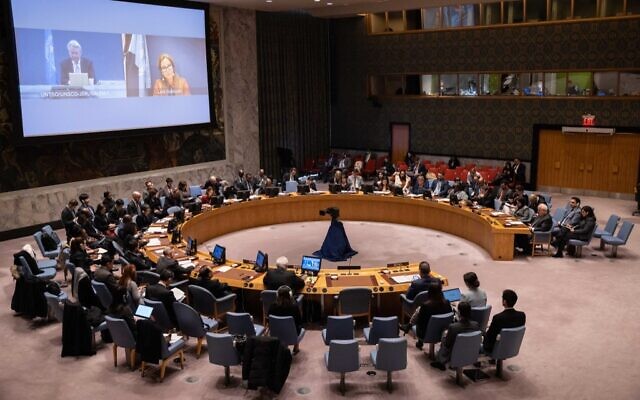 اجتماع مجلس الأمن الدولي حول الوضع في الشرق الأوسط، في مقر الأمم المتحدة في مدينة نيويورك، 20 فبراير 2023 (Yuki IWAMURA / AFP)