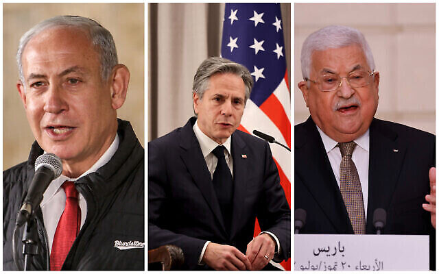 رئيس الوزراء بنيامين نتنياهو (إلى اليسار) ووزير الخارجية الأمريكي أنتوني بلينكين (وسط) ورئيس السلطة الفلسطينية محمود عباس.(Collage/AP)