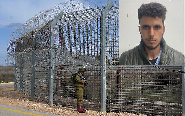 جنود إسرائيليون يقومون بدوريات على السياج الحدودي مع سوريا، في جنوب هضبة الجولان ، في 29 يناير، 2023. في الصورة الصغرى: غيث عبد الله، ناشط مزعوم في حزب الله.  (Michael Giladi/Flash90; Israel Defense Forces)