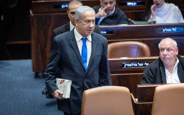 رئيس الوزراء بنيامين نتنياهو في الكنيست، 1 مارس 2023 (Yonatan Sindel / Flash90)