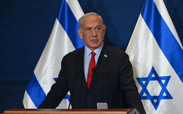 رئيس الوزراء بنيامين نتنياهو يتحدث خلال مؤتمر صحفي في 10 مايو 2023 (Haim Zach / GPO)