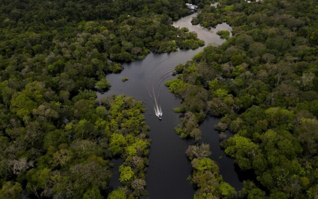 صورة جوية تظهر قارب على نهر جورورا في بلدية كارواري، في قلب غابة الأمازون البرازيلية، 15 مارس 2020 (Florence GOISNARD / AFP)