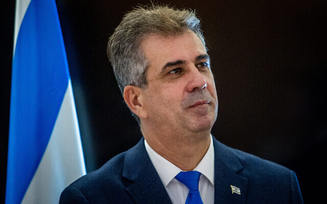 وزير الخارجية ايلي كوهين يحضر حدثا في وزارة الخارجية في القدس، 17 مايو 2023 (Oren Ben Hakoon / Flash90)