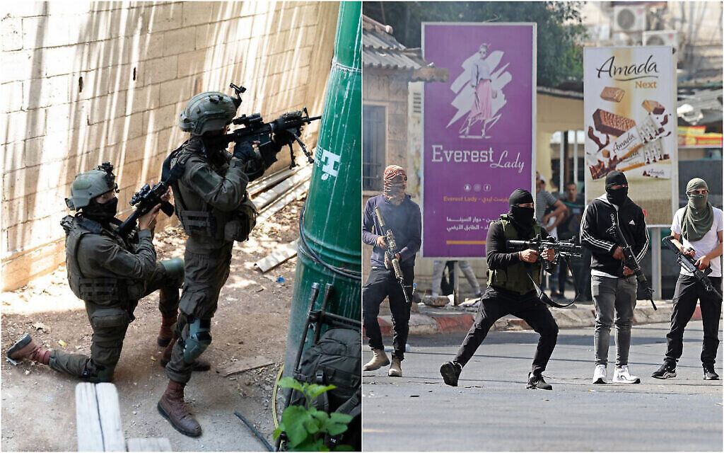 على اليمين: مسلحون فلسطينيون يطلقون النار على القوات الإسرائيلية في جنين، 3 يوليو، 2023. على اليسار: قوات الجيش الإسرائيلي تعمل في المدينة الواقعة بالضفة الغربية، 4 يوليو، 2023. (Jaafar ASHTIYEH / AFP؛ Israel Defense Forces)