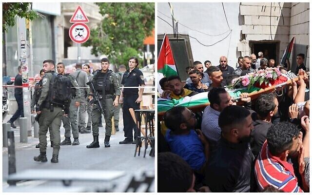 في الصورة من اليسار: الشرطة وعناصر طوارئ أخرى في موقع هجوم مشتبه به نفذه فلسطيني في تل أبيب، 5 أغسطس، 2023؛ في الصورة من اليمين: مشيعون يحملون جثمان الفلسطيني قصي جمال معطان (19 عاما) خلال جنازته في بلدة برقة بالضفة الغربية، 5 اغسطس، 2023.  (Avshalom Sassoni/Flash90, Jaafar Ashtiyeh/AFP)