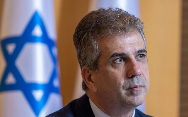 وزير الخارجية ايلي كوهين خلال مقابلة في وزارة الخارجية في القدس، 12 يونيو، 2023. (Yossi Aloni / Flash90)