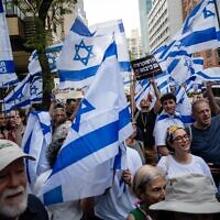 احتجاج ضد الإصلاح القضائي، في مدينة نيويورك، 27 يوليو، 2023. (Luke Tress/Times of Israel)