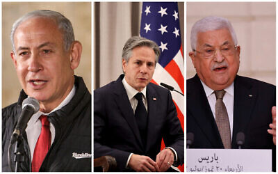 رئيس الوزراء بنيامين نتنياهو (يسار)، ووزير الخارجية الأمريكي أنتوني بلينكن (وسط)، ورئيس السلطة الفلسطينية محمود عباس. (Collage/AP)