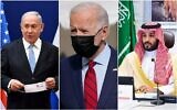 (من اليسار إلى اليمين) رئيس الوزراء بنيامين نتنياهو والرئيس الأمريكي جو بايدن وولي العهد السعودي الأمير محمد بن سلمان. (AP/collage)