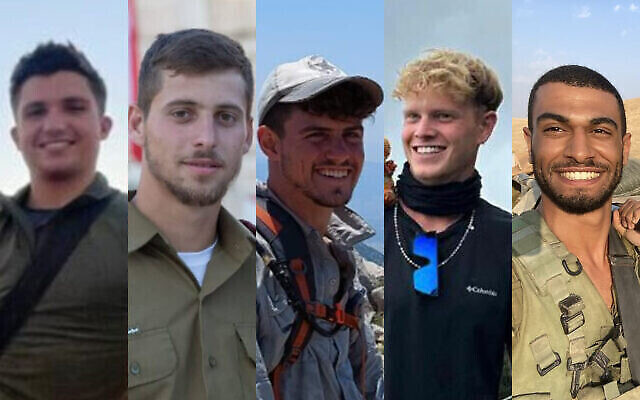 من اليسار إلى اليمين:  الرائد أوريا باير، الرائد لياف الوش، الرائد (احتياط) إيتان نائيه، الرائد (احتياط) تال فيليفا، العميد (احتياط) ليدور يوسف كرفاني الذين قُتلوا خلال القتال في قطاع غزة في 17 ديسمبر، 2023. (courtesy)