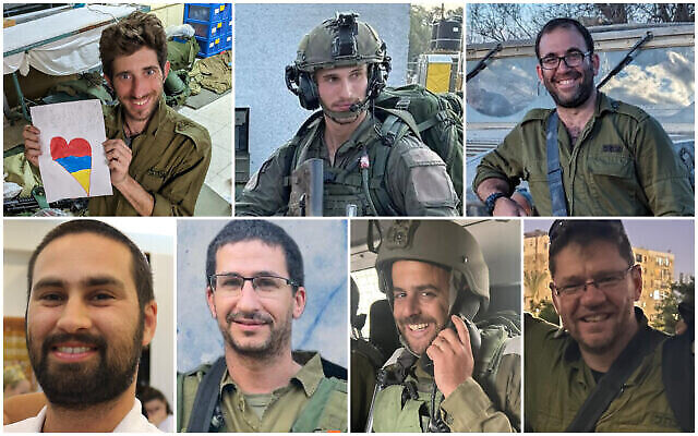 الجنود الإسرائيليون الذين قُتلوا في قطاع غزة في 10 ديسمبر 2023: في الصف العلوي من اليسار إلى اليمين: الرائد (احتياط) إيتاي بيري،  النقيب (احتياط) إيليا يانوفسكي، الرائد (احتياط) آري يحيئيل زنيلمان؛ في الصف السفلي: الميجر غدعون بيخر، الرائد (احتياط) أفيتار كوهين، الرائد (احتياط) رومان برونشتاين. (Courtesy; combo image: Times of Israel)