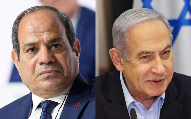 على اليسار: الرئيس المصري عبد الفتاح السيسي في باريس، 23 يونيو 2023؛ على اليمين: رئيس الوزراء الإسرائيلي بنيامين نتنياهو في تل أبيب، 7 يناير، 2024. (AP Photo/Lewis Joly, Pool, File; Ronen Zvulun/Pool via AP)