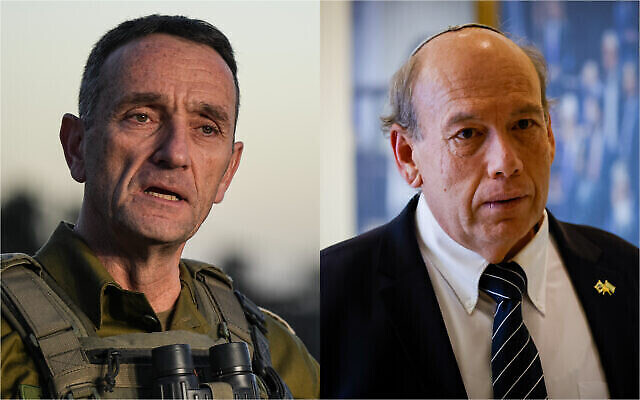 على اليسار: رئيس أركان الجيش الإسرائيلي هرتسي هاليفي يدلي ببيان لوسائل الإعلام في قاعدة للجيش في جنوب إسرائيل، 26 ديسمبر 2023؛ على اليمين: مراقب الدولة الإسرائيلي متنياهو إنغلمان  في الكنيست بالقدس، في 28 ديسمبر، 2022. (Flash90)