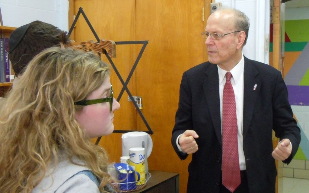 Yoram Ettinger talks to Atlanta Jewish Academy students after his speech Feb. 4.