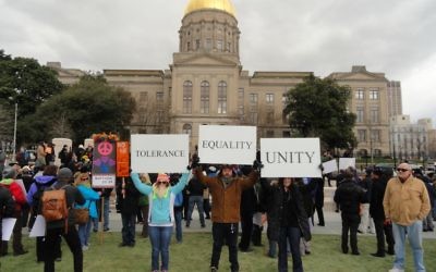 People rally against religious liberty legislation in February.