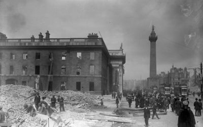 The heart of the rebellion was based in the General Post Office on Sackville Street (now O’Connell Street), which was left a pockmarked shell surrounded by debris.