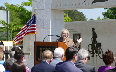 In one example of the consulate's interactions with the community, Ambassador Judith Varnai Shorer speaks at the Besser Holocaust Garden at the Marcus JCC in 2016.