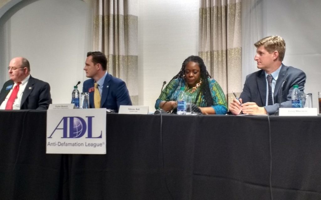 GBI Director Vernon Keenan (left), Rep. Taylor Bennett, Rep. Simone Bell and AJC reporter Greg Bluestein (right) talk about hate crimes legislation at an ADL event Aug. 17, 2016. (Photo by Benjamin Kweskin)