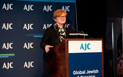 Deborah Lipstadt accepts a national American Jewish Committee award in May.