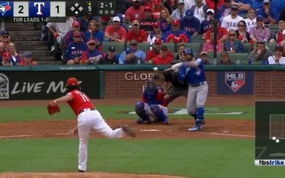 Kevin Pillar hits a home run off Yu Darvish in Game 2 of the Toronto-Texas playoff series Oct. 7. (Screen grab from MLB.tv video)