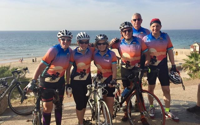 The JNF-Atlanta team of Amy Kahn, Pam Kelly, Ann Potosky Weiner, Morris Maslia, Alan Lubel and Richard Mitchell cools off by the beach in Ashkelon at the end of Day 1.