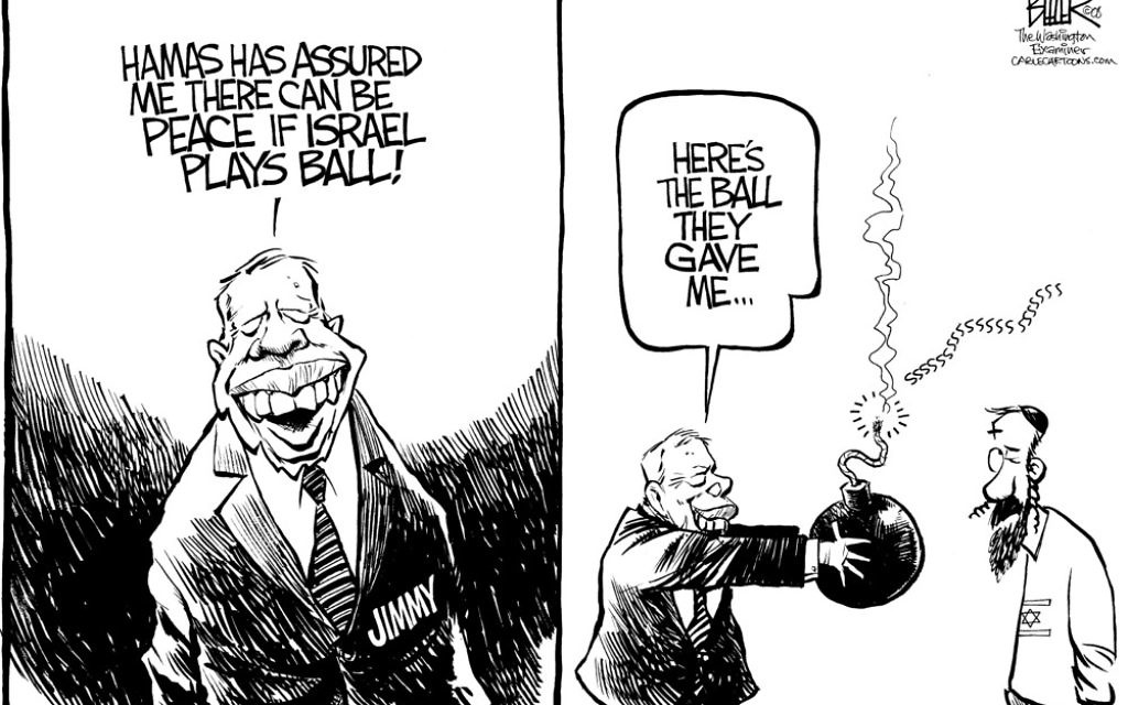 Remember that time in 2008 when Jimmy Carter wanted Hamas invited to peace talks? (Cartoon by Nate Beeler, The Columbus Dispatch)