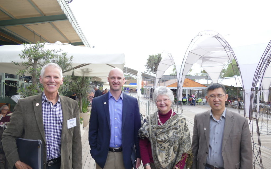 (From left) Geert de Vries, Timothy Denning, Julia Hilliard and Binghe Wang visit the old Jerusalem railway station. 