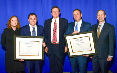 (From left) Emory University President Claire Sterk, Peter Rossi, Cox Enterprises Chairman Jim Kennedy, John Pattaras and Emory Healthcare CEO Jonathan Lewin mark the announcement of the endowed prostate-related chairs.