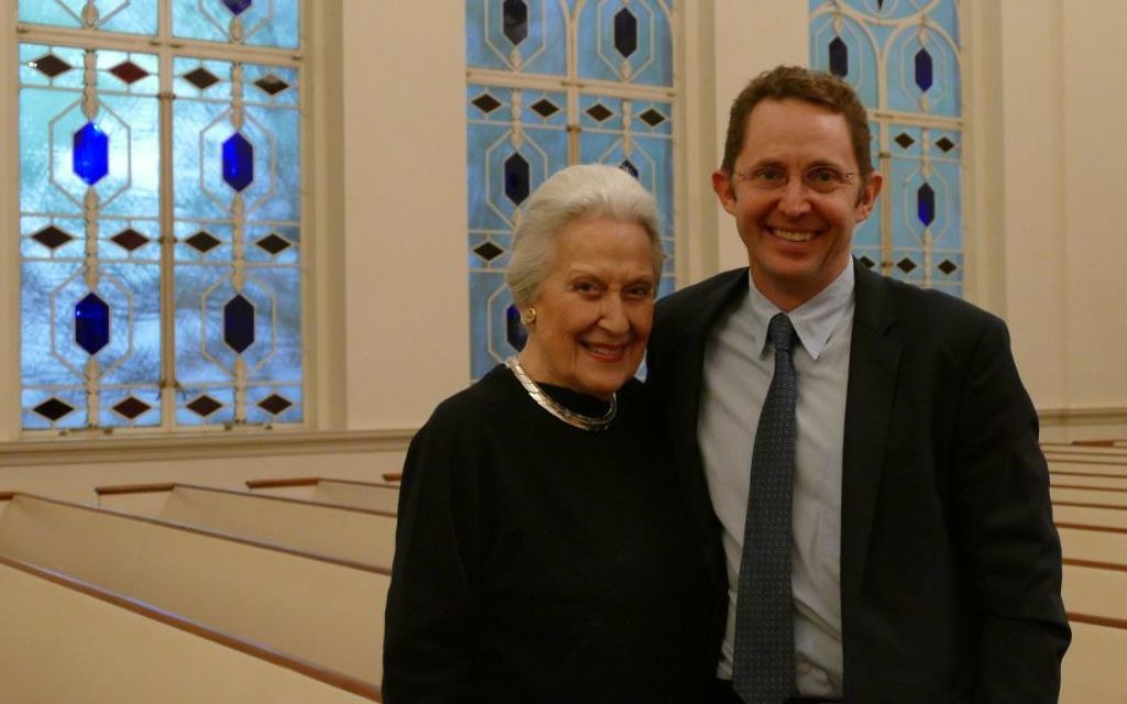 Janice Rothschild Blumberg, the widow of Rabbi Jacob Rothschild, stands with Todd Weeks, who plays the rabbi in “The Temple Bombing.”