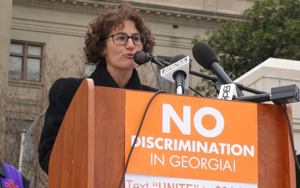 Rabbi Pamela Gottfried speaks at a rally against religious liberty legislation at the Georgia Capitol in February 2016. (Photo by Kevin Madigan)